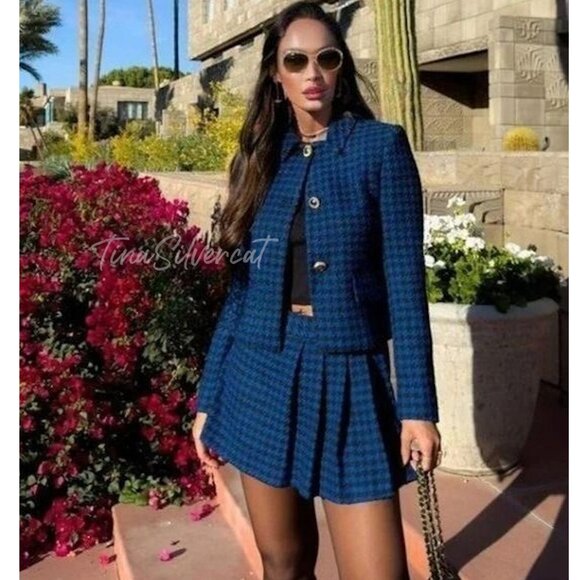 BLOGGER'S FAVE! Zara 2 Piece Co-ord Houndstooth Blazer And Skort Set Blue NWT